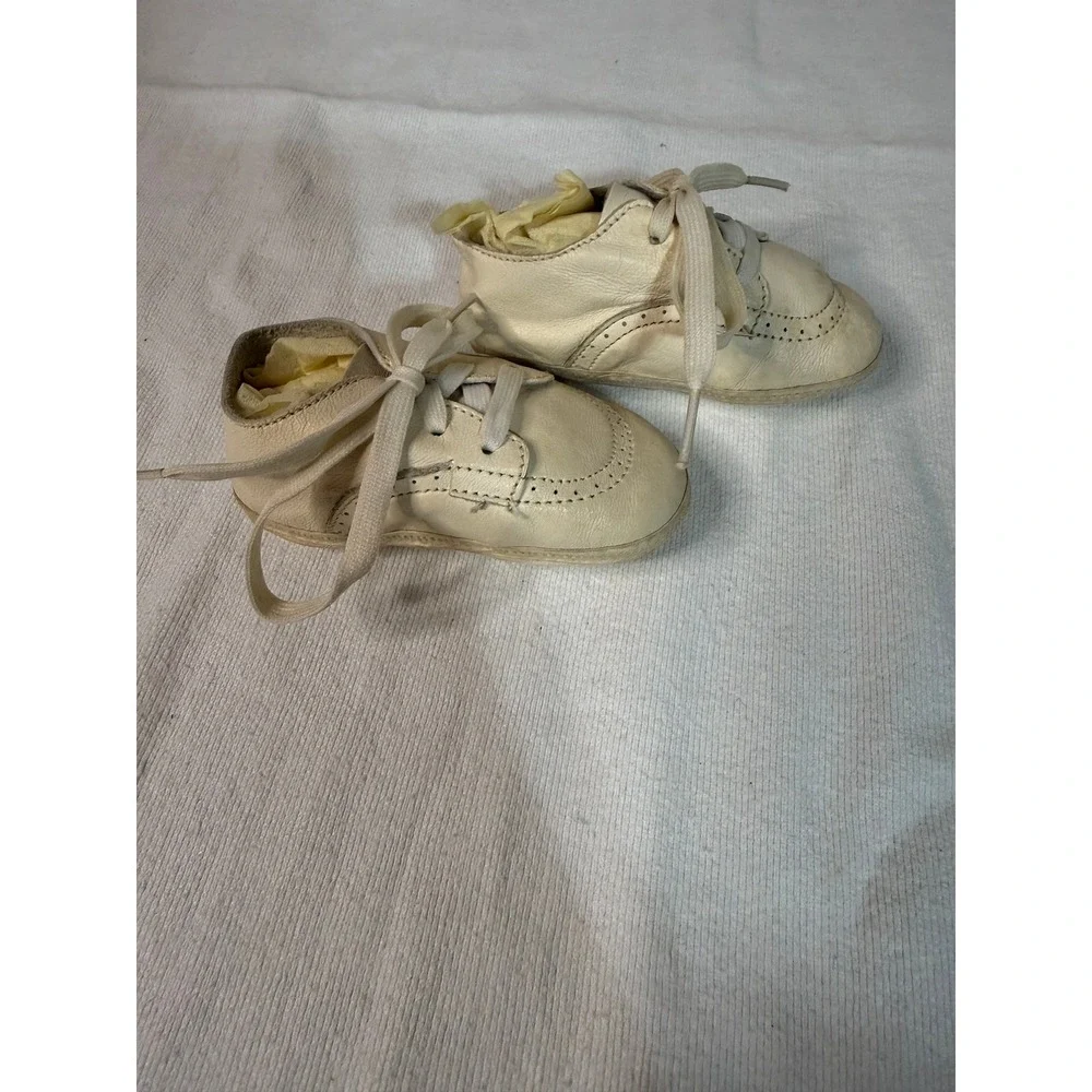Vintage Cream Leather Baby Shoes‎ Lace Up Brogue Soft Sole Crib Shoes Size 2